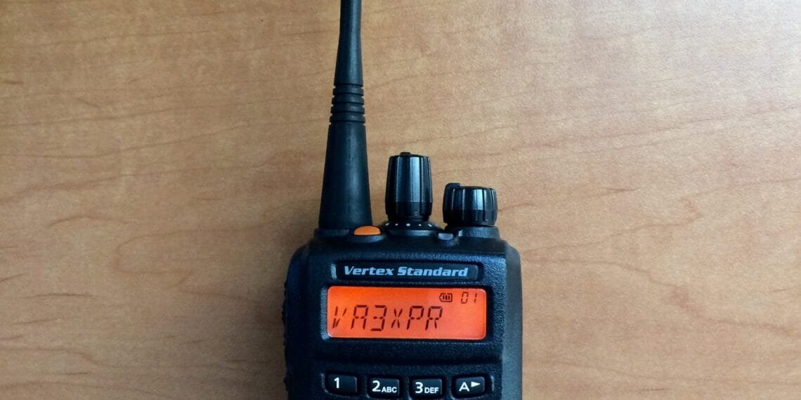 Front view of the Vertex Standard EVX-539 portable DMR radio with keypad, display, and control knobs.