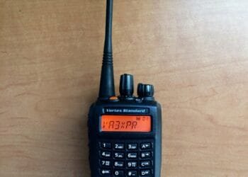 Front view of the Vertex Standard EVX-539 portable DMR radio with keypad, display, and control knobs.