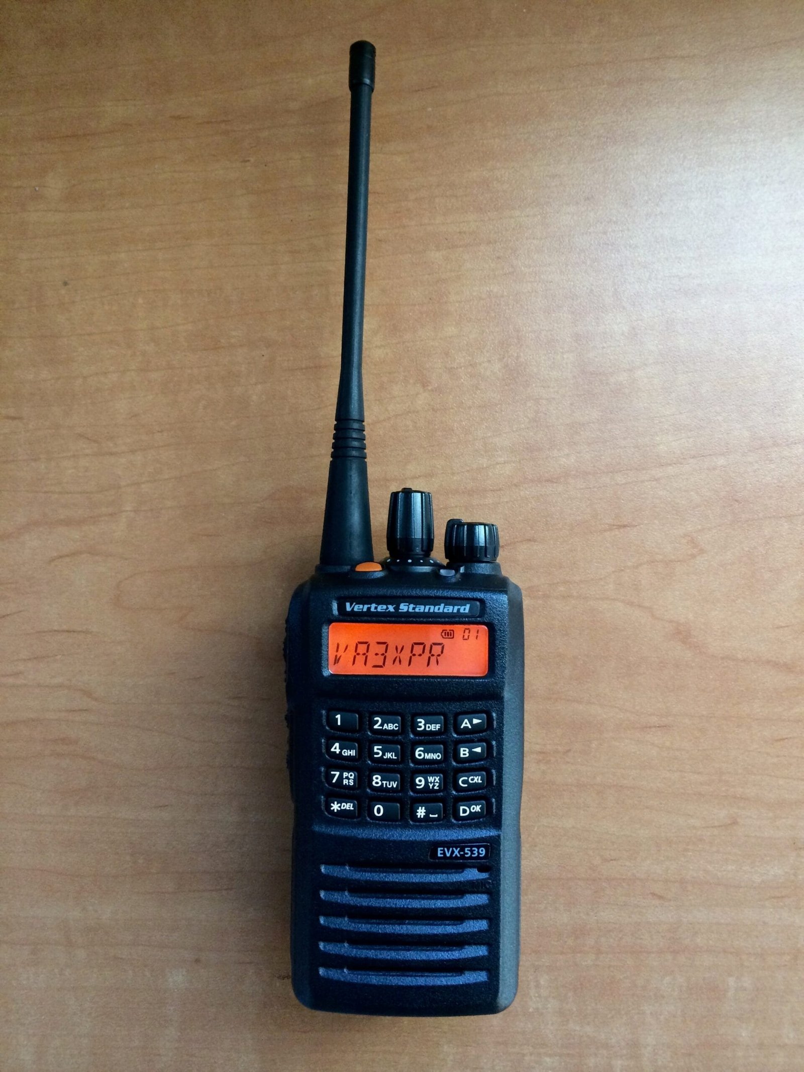 Front view of the Vertex Standard EVX-539 portable DMR radio with keypad, display, and control knobs.
