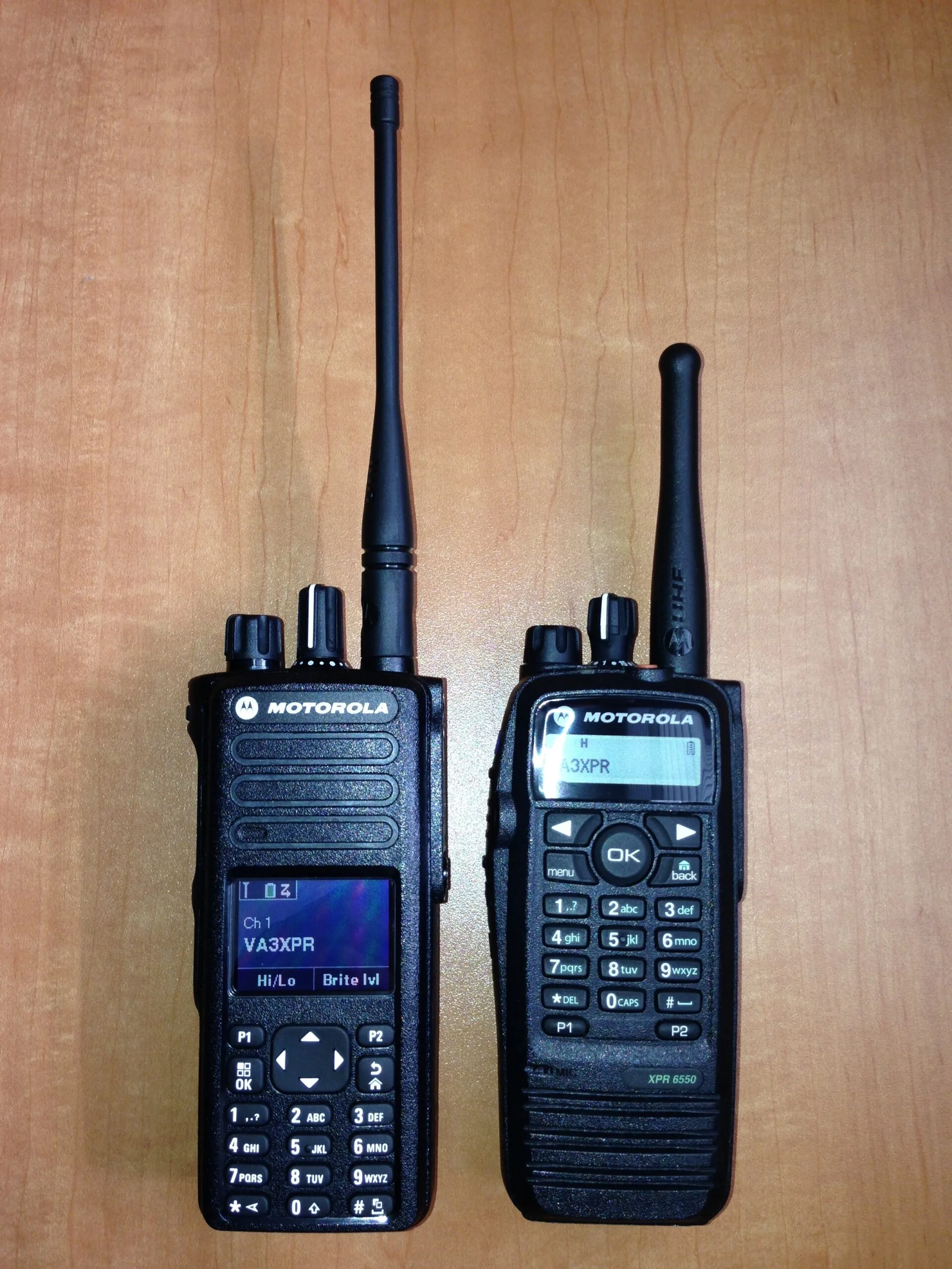 Front view of the Motorola XPR 7550 and XPR 6550 radios side by side, showing their displays and form factors.