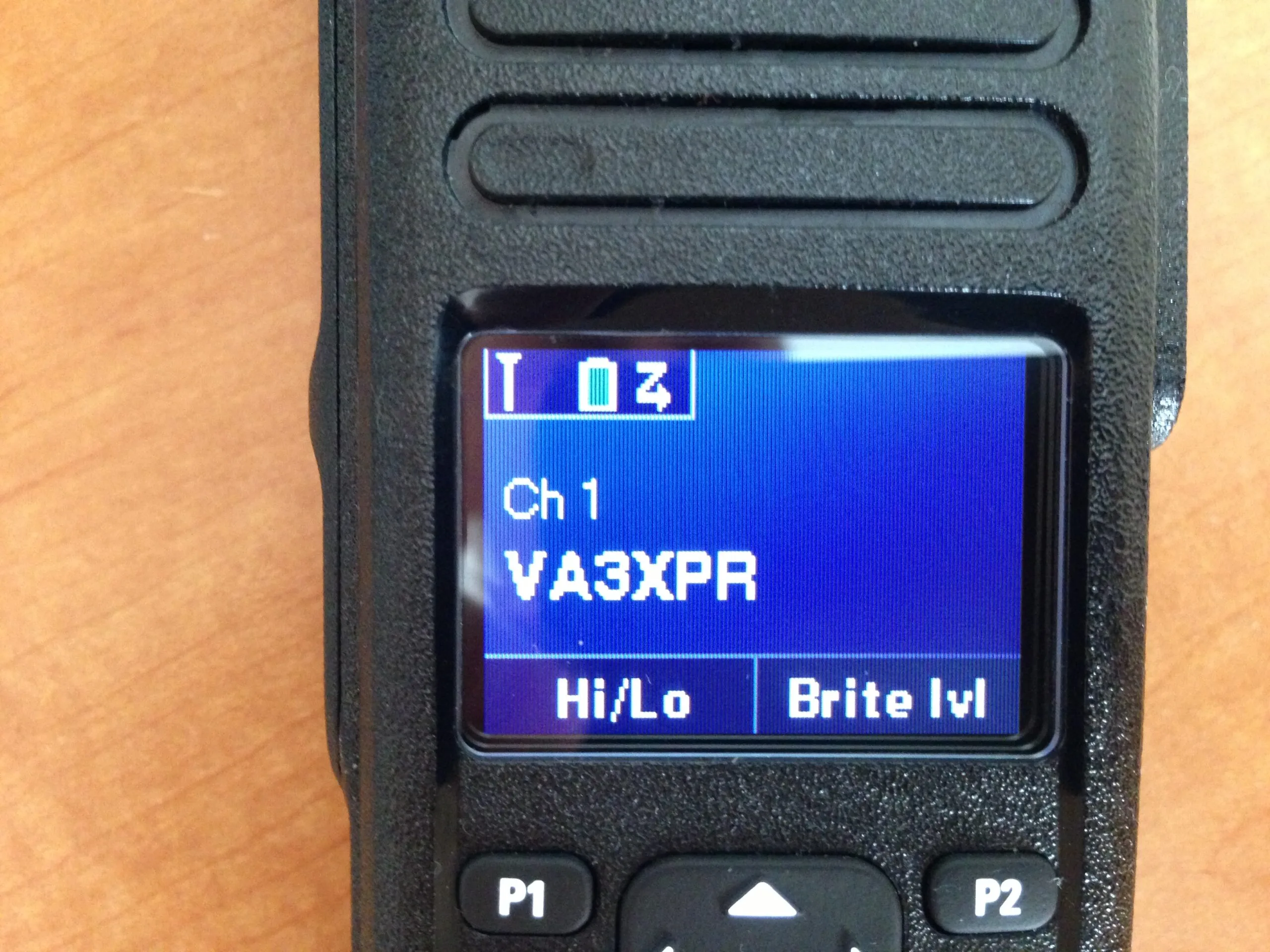 Close-up of the Motorola XPR 7550 LCD display with a clear and detailed layout.