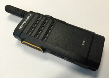 Front view of the Motorola SL300 DMR radio showing its slim design and matrix LED display.
