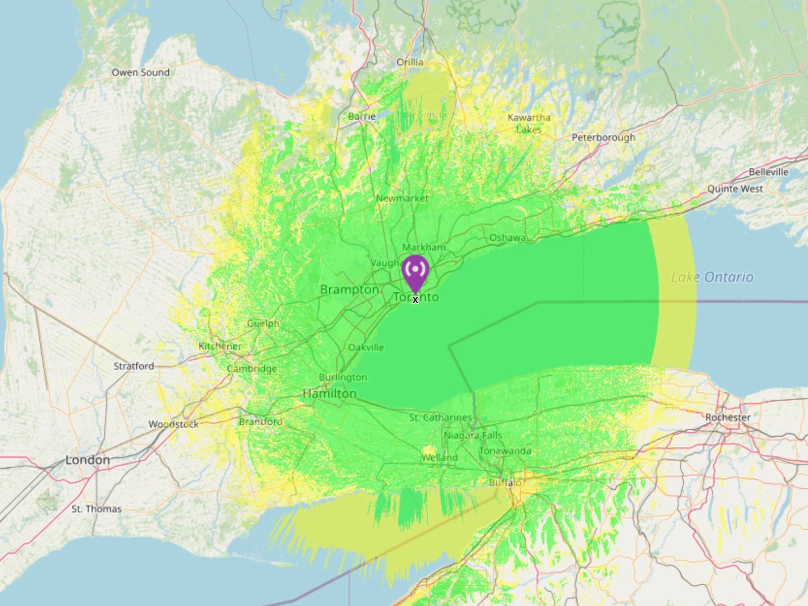 A sample of the RF coverage maps created using Radio Mobile Online. This one illustrates hypothetical 450 MHz signal strength radiating from the CN Tower in Toronto, Canada; green areas denote strong signal strength, while yellow areas indicate weaker coverage.