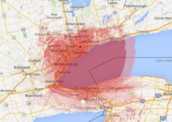 RF coverage map showing predicted signal strength and coverage area from a central transmitter location created with Radio Mobile Online.