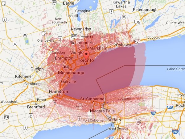 RF coverage map showing predicted signal strength and coverage area from a central transmitter location created with Radio Mobile Online.
