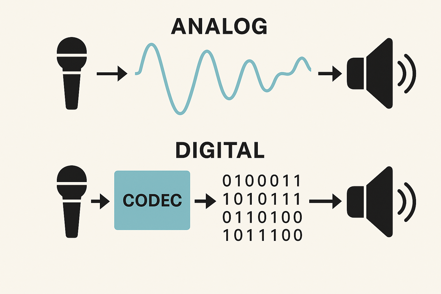 Diagram showing Analog vs. Digital Voice - analog voice travels directly as a smooth waveform from microphone to speaker, while digital voice goes through a codec, converted to binary data, and then played back through the speaker.