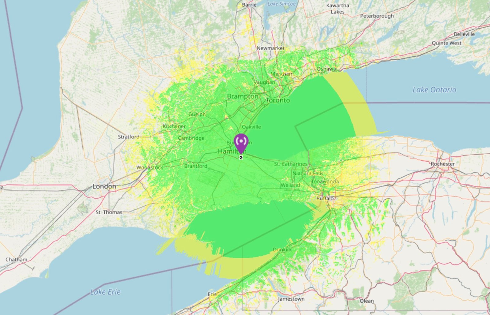 DMR vs Fusion vs D-Star repeater coverage map highlighting signal reach over southern Ontario and western New York to help hams check local digital voice access.