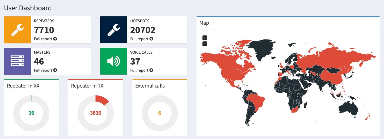 BrandMeister DMR network user dashboard showing global repeaters, hotspots, and live activity map.