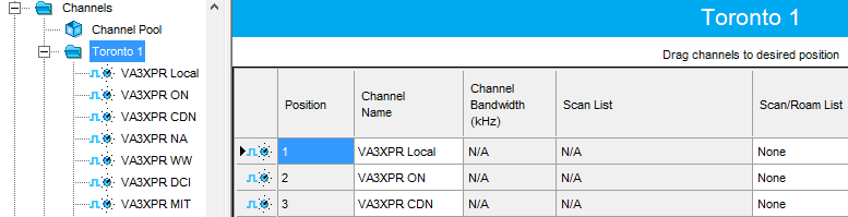 DMR for Beginners - screenshot showing a code-plug being created in Motorola MOTOTRBO programming software with channels for Toronto repeaters