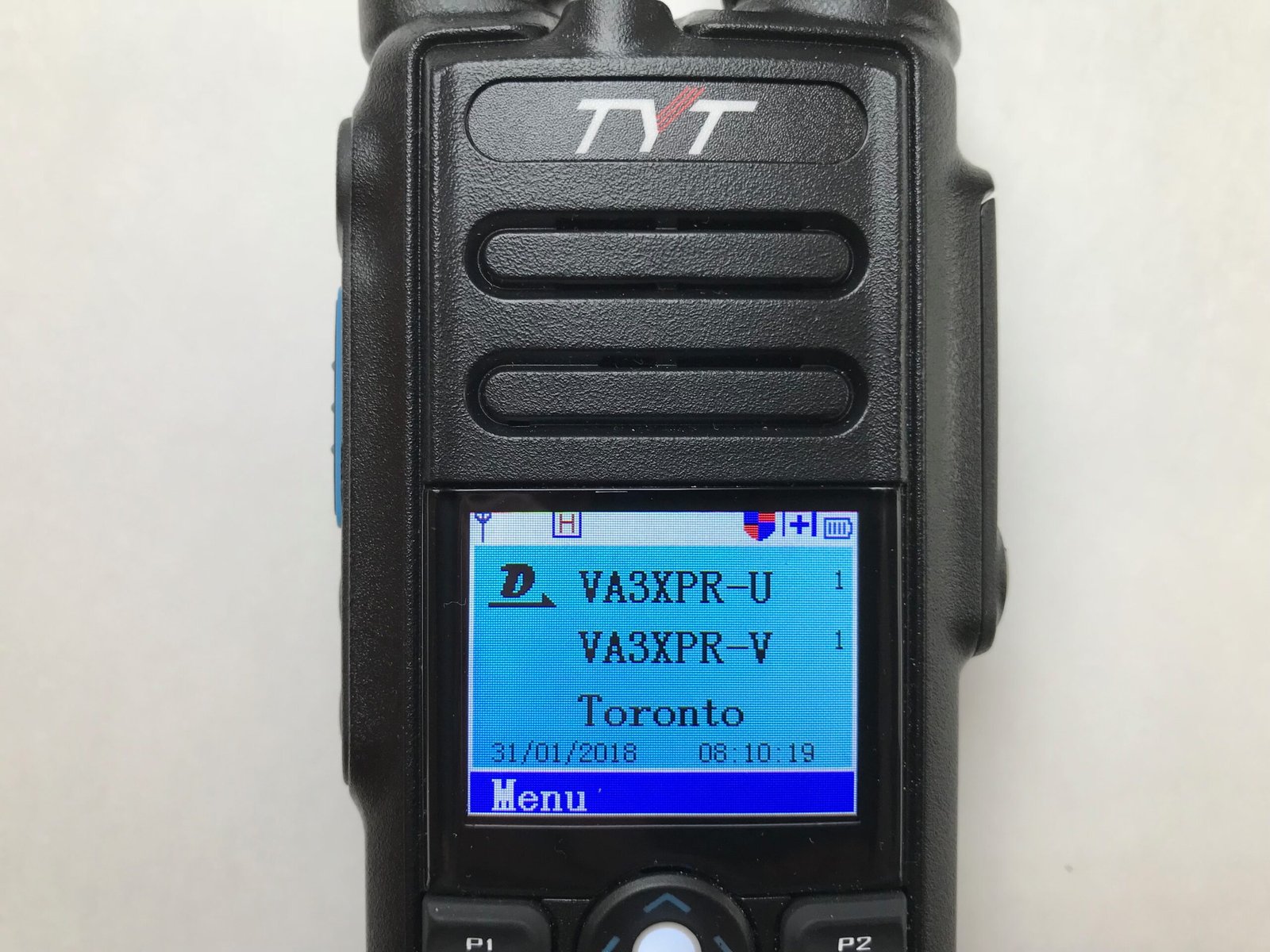 TYT MD-2017 dual-band DMR handheld radio display showing dual-channel screen layout