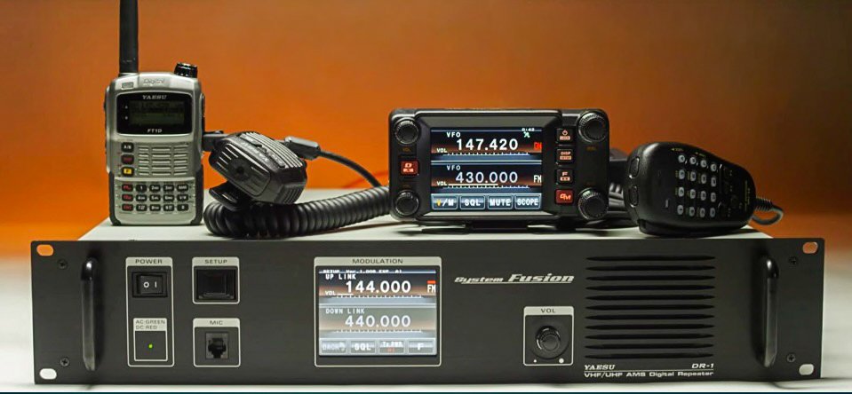 Fusion for Beginners - Yaesu System Fusion radios including FT-70DR handheld, FTM-300DR mobile, and DR-1 repeater.