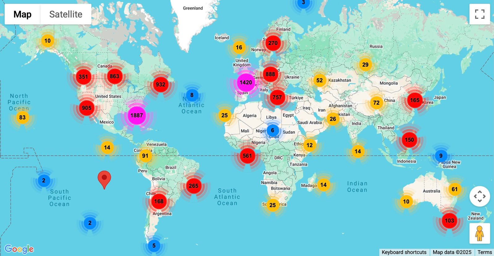 DMR for Beginners - interactive global DMR repeater map screenshot showing repeater clusters worldwide, courtesy of RadioID.net