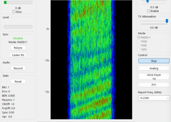 FreeDV 2.0.2 user interface showing the RADEV1 digital voice modem and live HF signal waterfall.