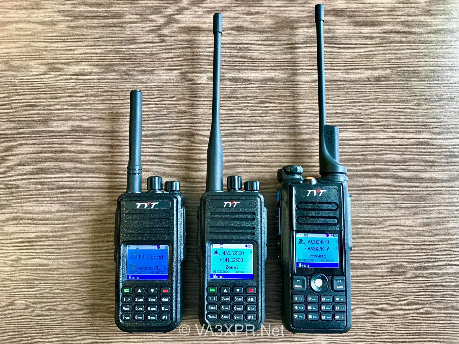 TYT MD-UV380 dual-band DMR handheld radio compared with the MD-380 and MD-2017 models to show size and design differences.