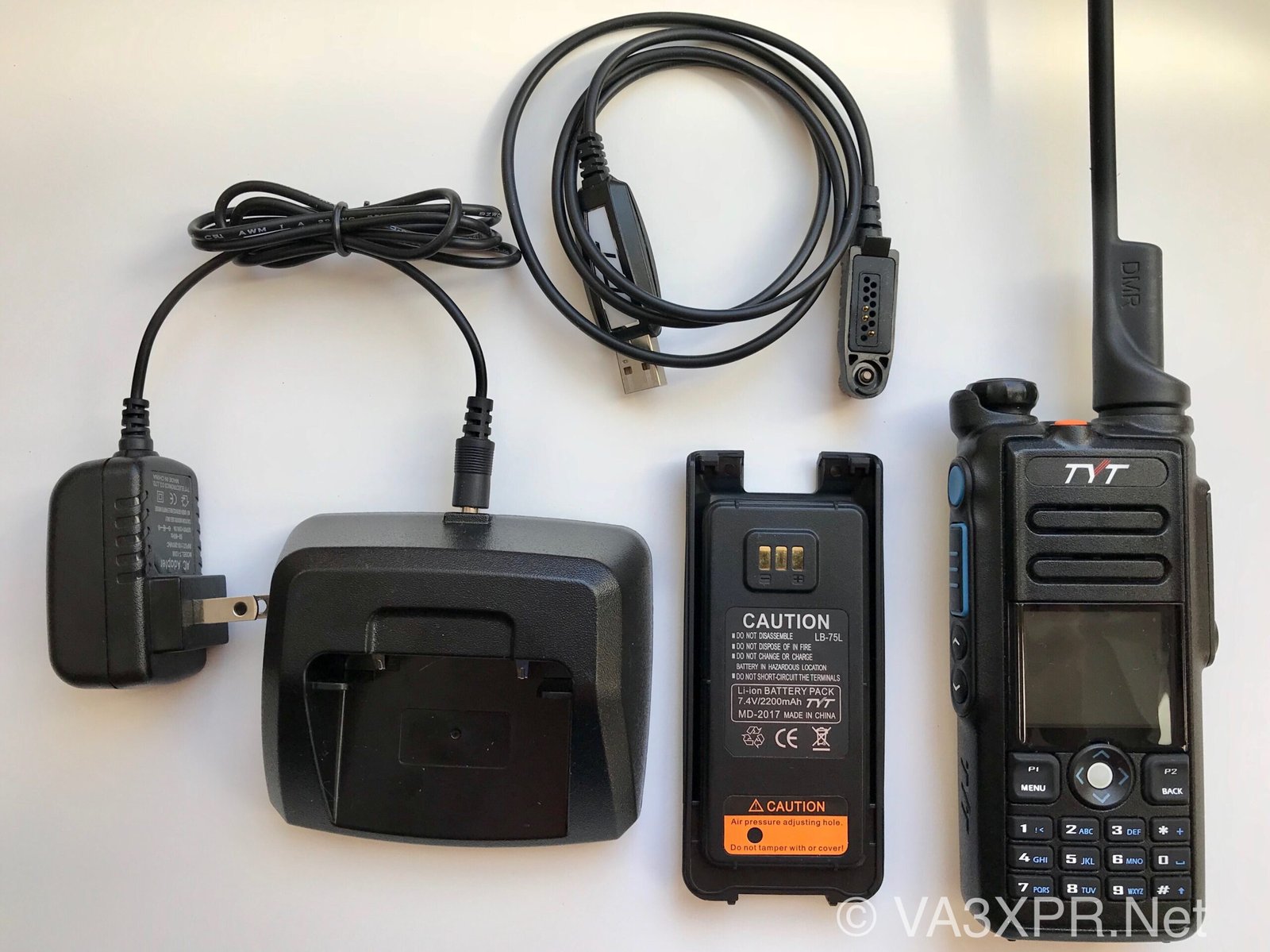 TYT MD-2017 dual-band DMR handheld radio with charger, battery, and programming cable