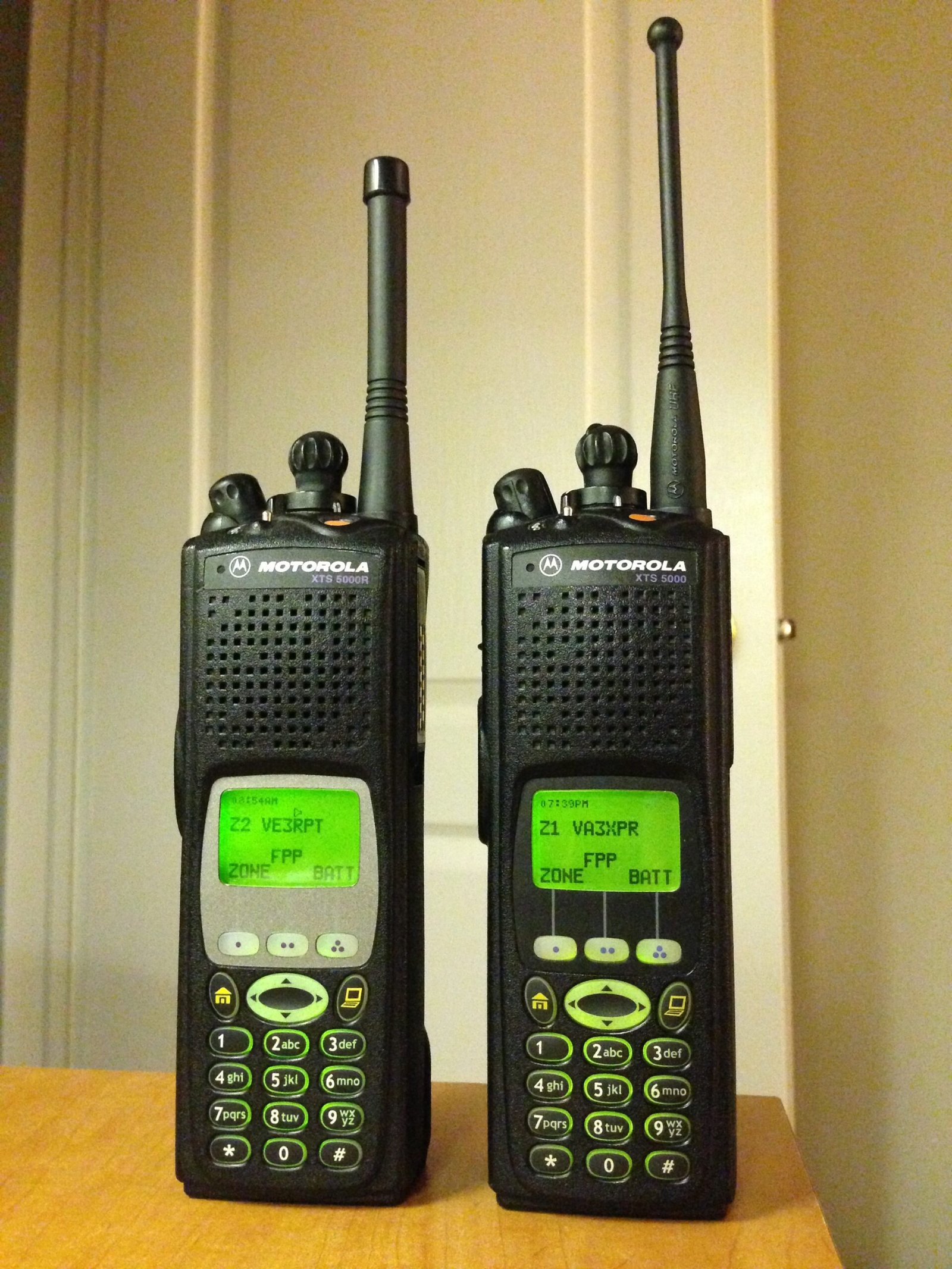 Motorola XTS5000 P25 handheld radios for ham use - VHF and UHF models shown side by side in the P25 for Beginners guide
