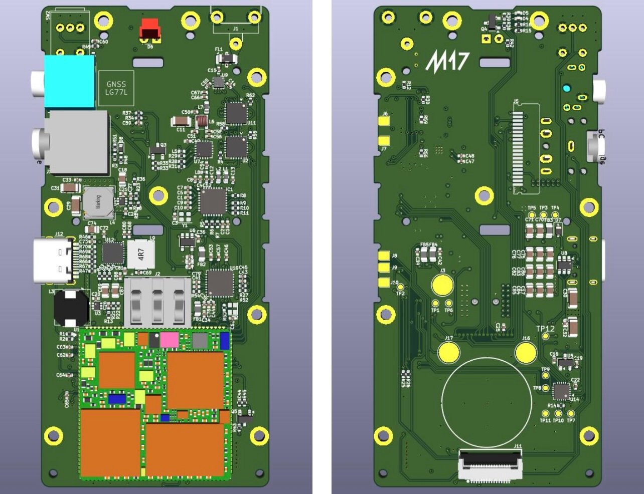 LinHT Rev B PCB layout from the M17 Project showing updated open-source hardware design for the M17 LinHT Handheld.