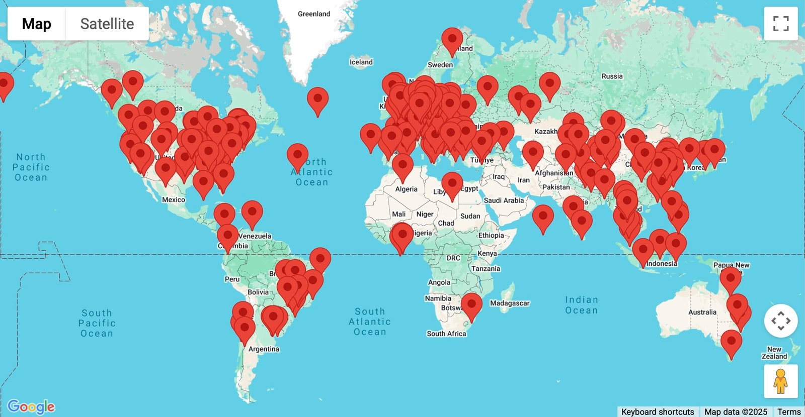 World map showing the locations of ham radio NXDN repeaters from RadioID.net - NXDN for Beginners.