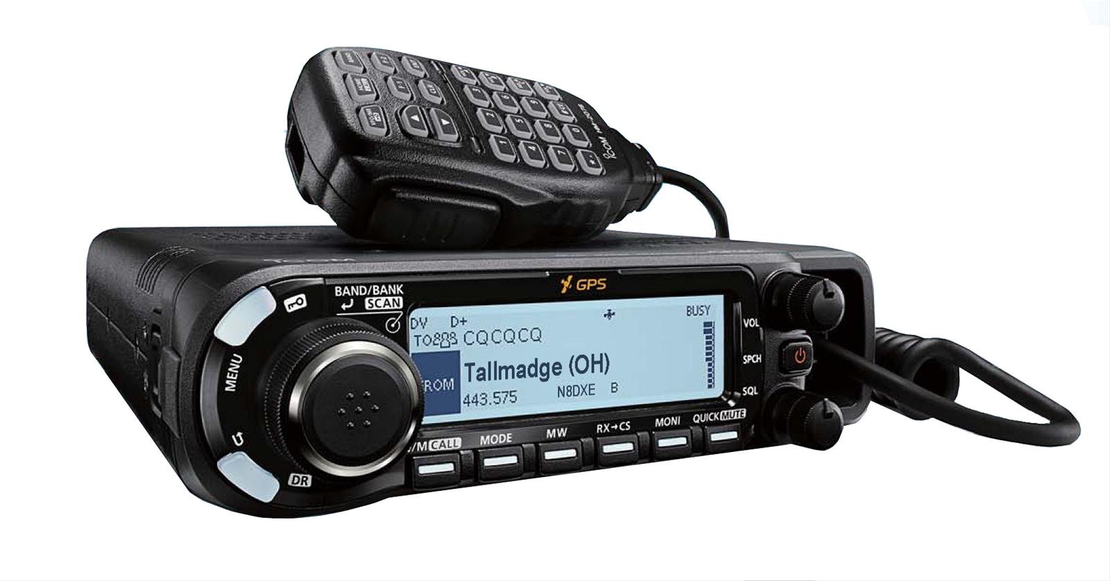 D-STAR for Beginners - Icom ID-4100A dual-band D-STAR mobile radio with microphone, showing digital voice display and GPS function.
